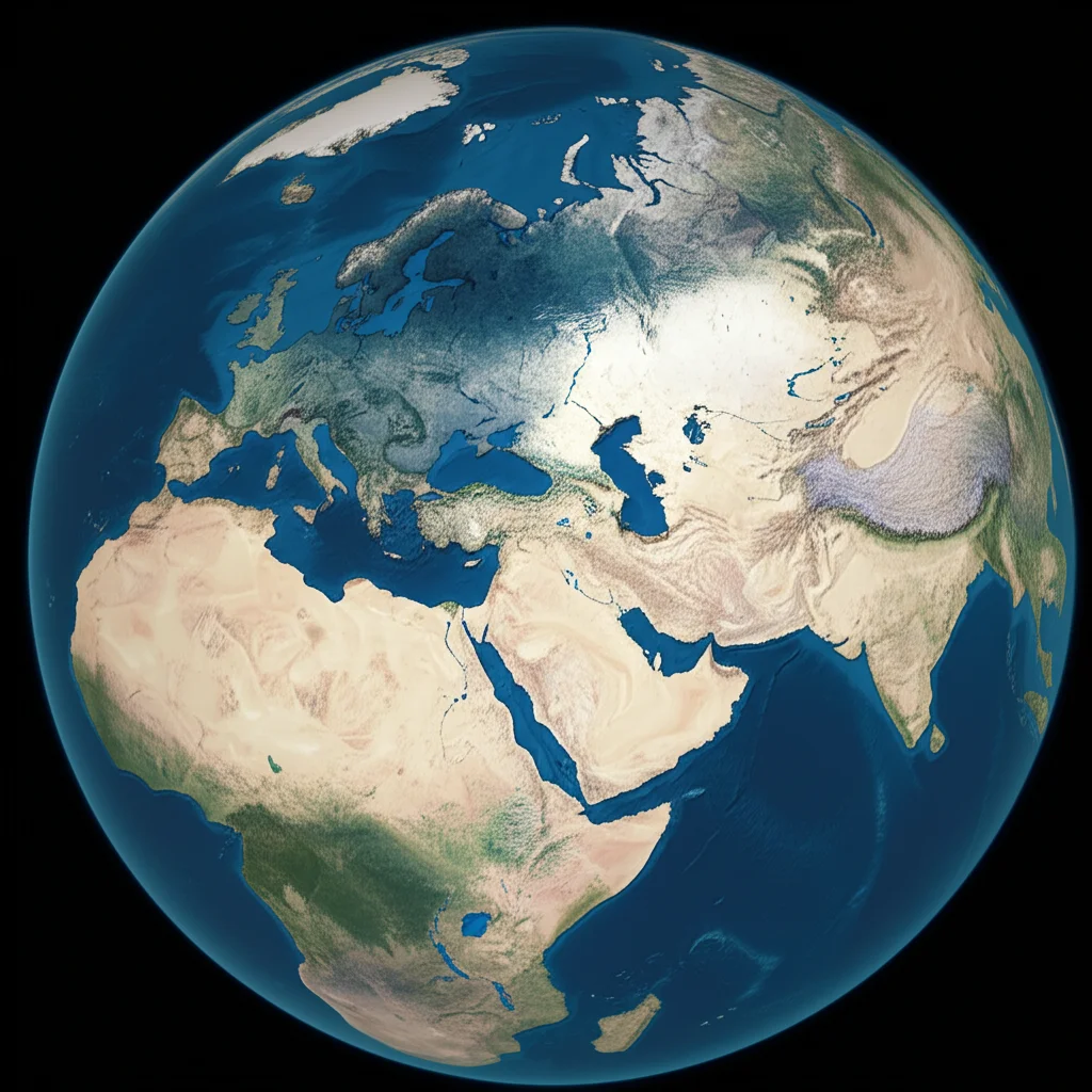 Visualizzazione dati climatici globali su un globo terrestre digitale, mostrando pattern di temperatura e umidità futuri secondo il modello CMIP6. Wide-angle, 15mm lens, sharp focus, high detail, rappresentazione grafica scientifica.