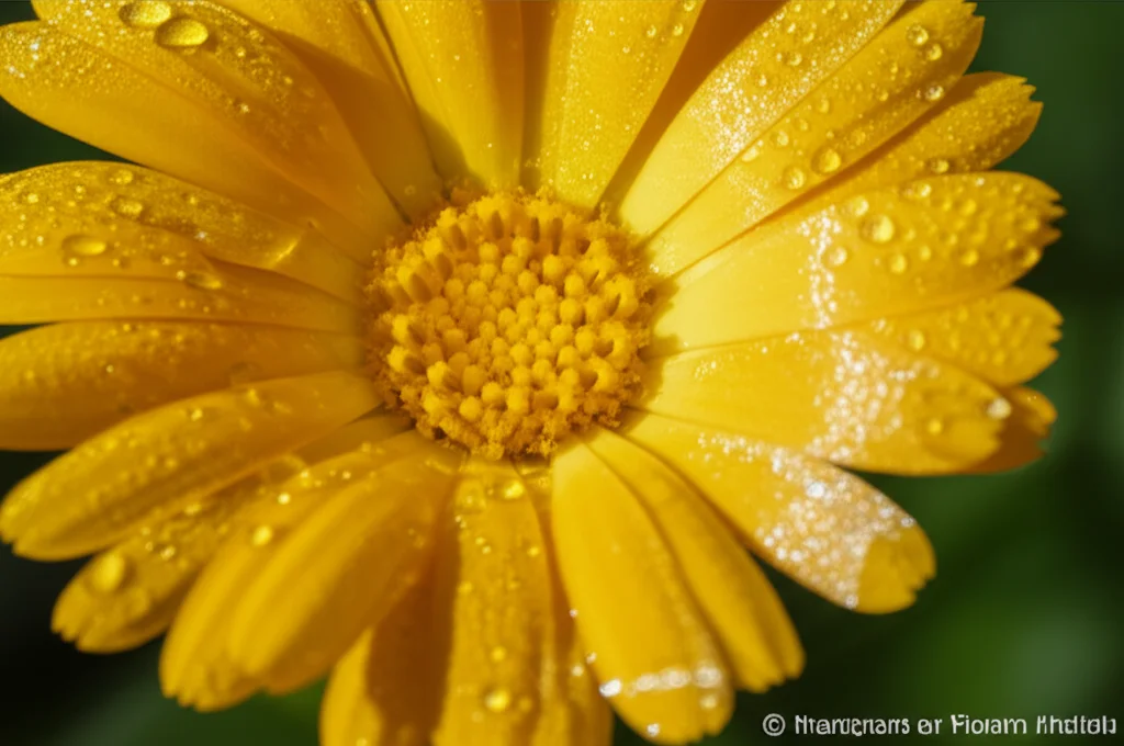 Macro fotografia di un fiore giallo brillante di Calendula maritima in piena fioritura, con gocce di rugiada sui petali, obiettivo macro 90mm, alta definizione, messa a fuoco precisa sui pistilli, illuminazione naturale morbida del mattino.