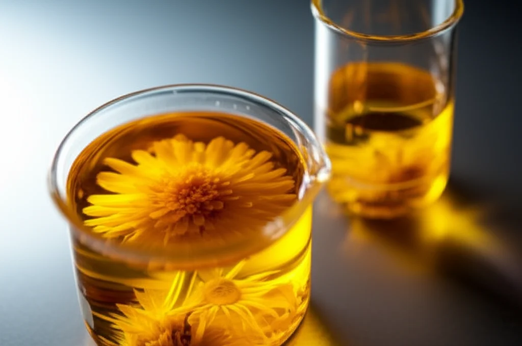 Fotografia still life di vetreria da laboratorio (becher, provette) contenente estratti vegetali di colore ambrato e giallo della Calendula maritima, obiettivo macro 60mm, alta definizione, illuminazione controllata da studio per evidenziare la texture liquida.