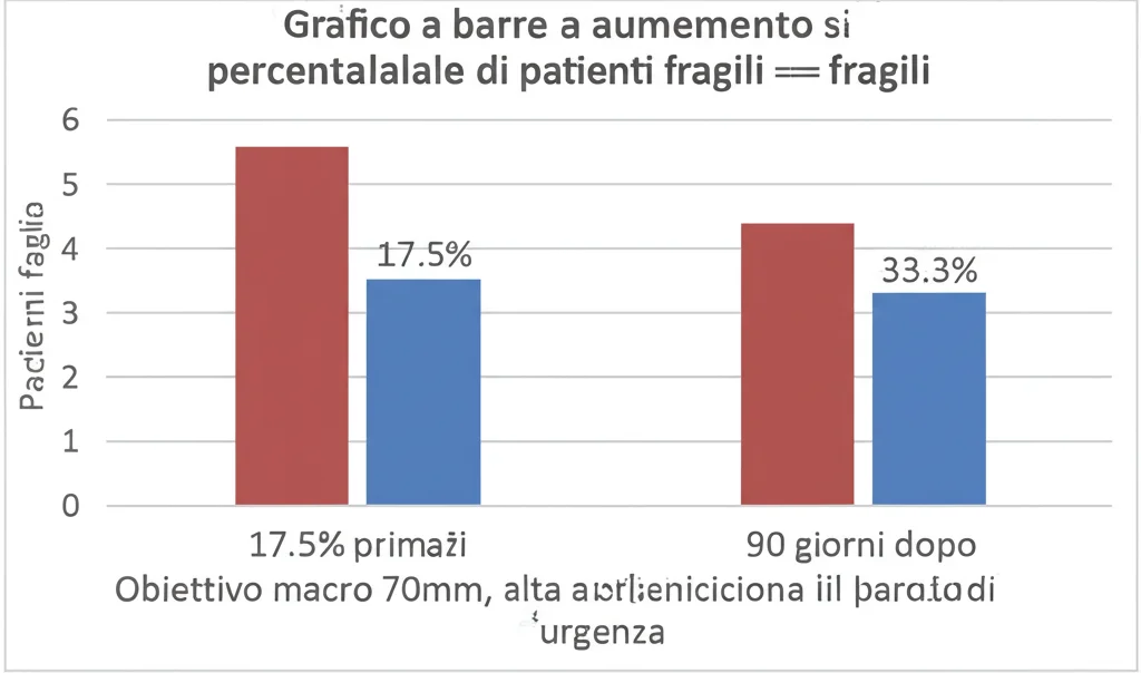 Grafico a barre che mostra l'aumento della percentuale di pazienti fragili prima (17.5%) e 90 giorni dopo (33.3%) una laparotomia d'urgenza. Obiettivo macro 70mm, alta definizione, illuminazione da studio per chiarezza.