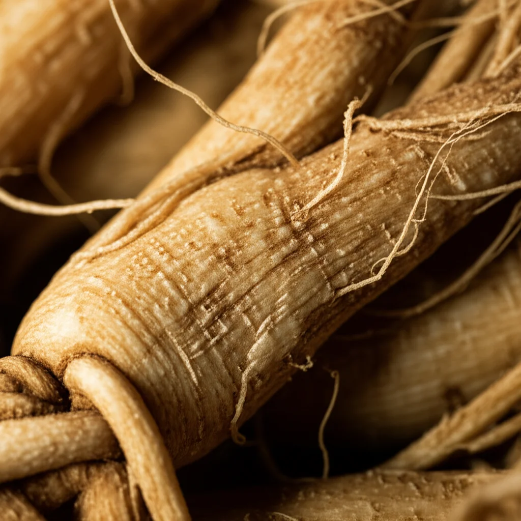 Fotografia macro di una radice matura di Panax ginseng, che ne mostra la forma caratteristica e la texture rugosa, obiettivo macro 100mm, alta definizione, messa a fuoco precisa, illuminazione controllata con toni terrosi.