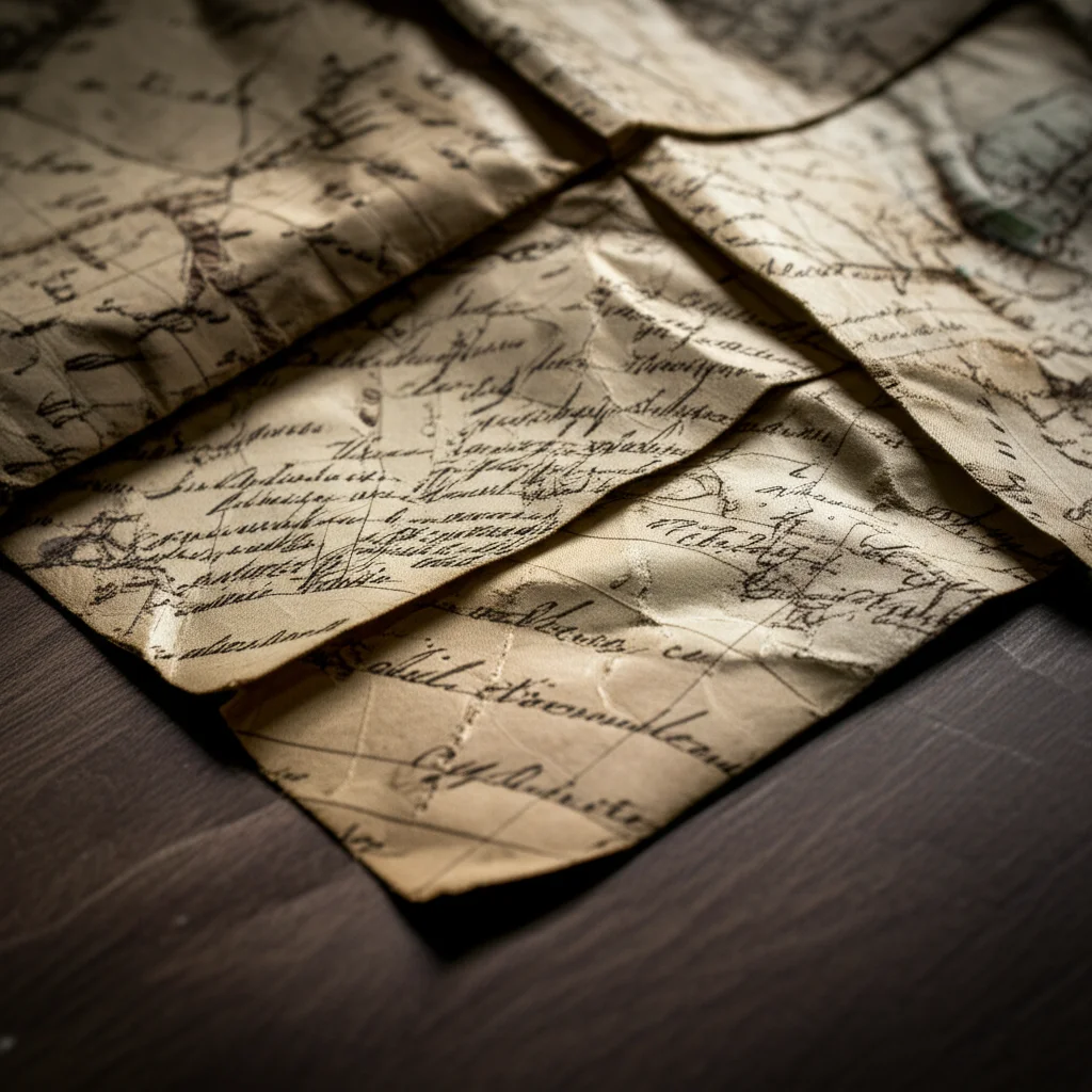 Fotografia macro di vecchie mappe geografiche sovrapposte e piegate disordinatamente su un tavolo di legno scuro, alcune scritte a mano con inchiostro sbiadito, illuminate da una luce calda e direzionale che crea ombre profonde, obiettivo macro 100mm, alta definizione dei dettagli della carta e dell'inchiostro, messa a fuoco precisa su una piega o una scritta.