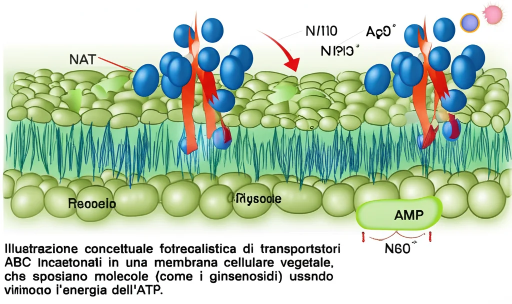 Illustrazione concettuale fotorealistica di trasportatori ABC incastonati in una membrana cellulare vegetale, che spostano molecole (come i ginsenosidi) usando l'energia dell'ATP, colori vibranti, alta definizione, dettaglio microscopico.