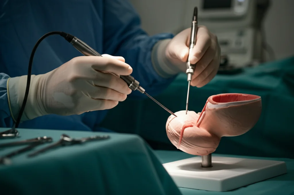 Immagine fotorealistica di una sala operatoria urologica, focus sulle mani guantate di un chirurgo che utilizza uno strumento per la B-TUEP vicino a un modello anatomico di prostata, profondità di campo, obiettivo 35mm, colori leggermente desaturati.