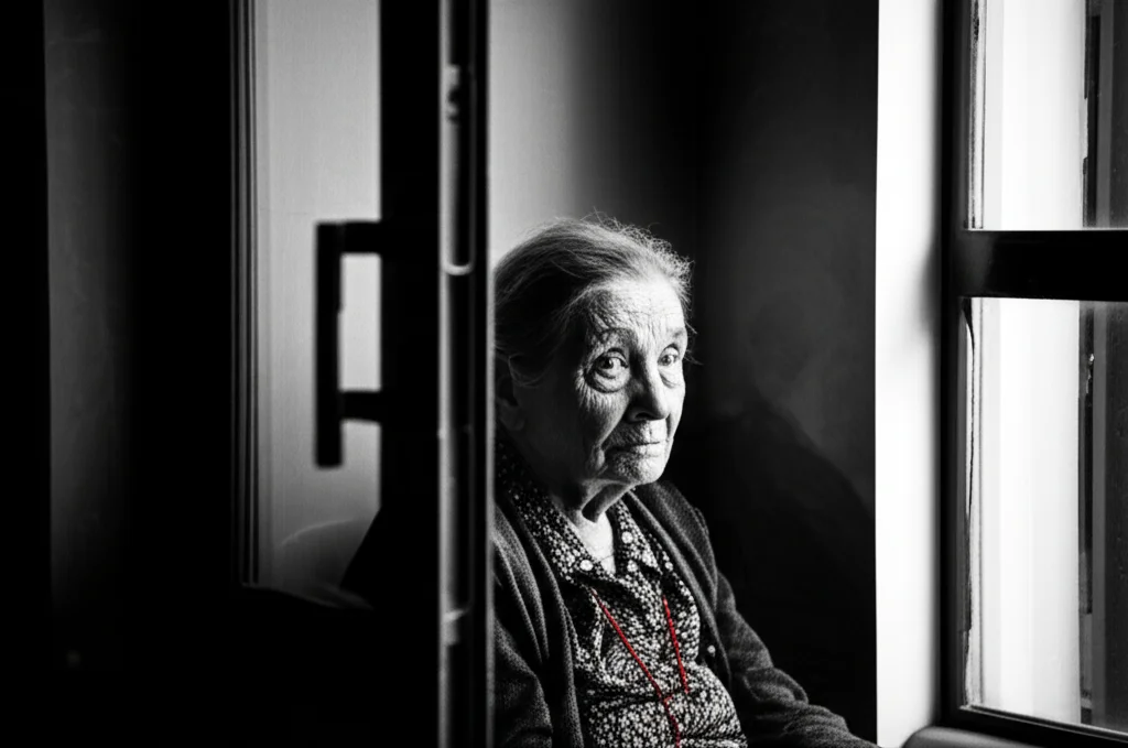 Ritratto fotografico in bianco e nero di una persona anziana seduta vicino a una finestra, il suo volto segnato dal tempo guarda verso l'esterno con espressione pensierosa. Sul vetro della finestra si vedono riflessi sovrapposti e leggermente sfocati di scene del passato (es. un bambino che gioca, un giovane adulto che lavora). Luce naturale morbida laterale, obiettivo 50mm, profondità di campo che isola il soggetto ma lascia intuire i riflessi.