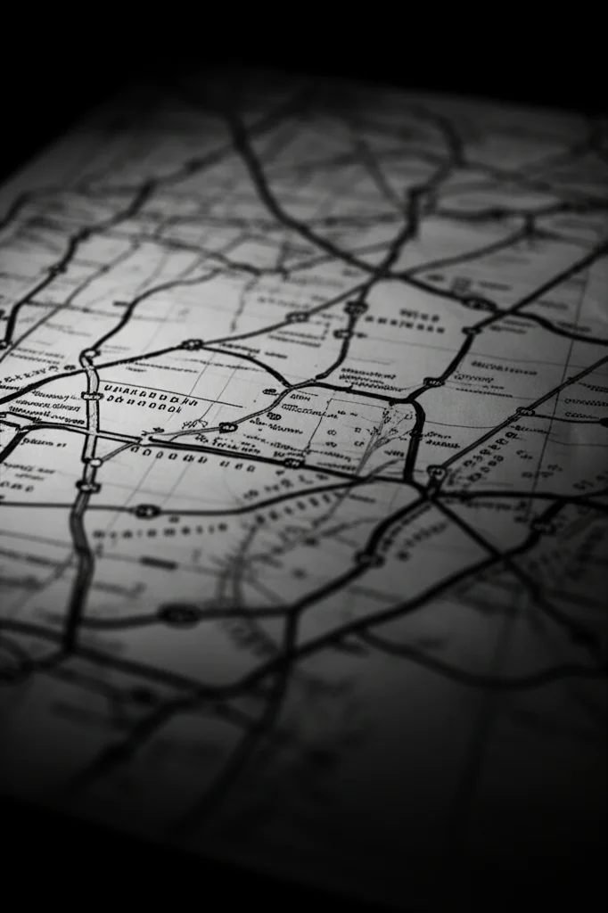 Fotografia concettuale in stile film noir di una mappa stradale strappata in più punti e poi ricomposta goffamente con nastro adesivo su un tavolo scuro. Alcuni pezzi mancano, creando dei vuoti. L'illuminazione è laterale e dura, creando forti contrasti e ombre lunghe. Obiettivo 35mm, bianco e nero, profondità di campo ridotta che sfoca i bordi della mappa.
