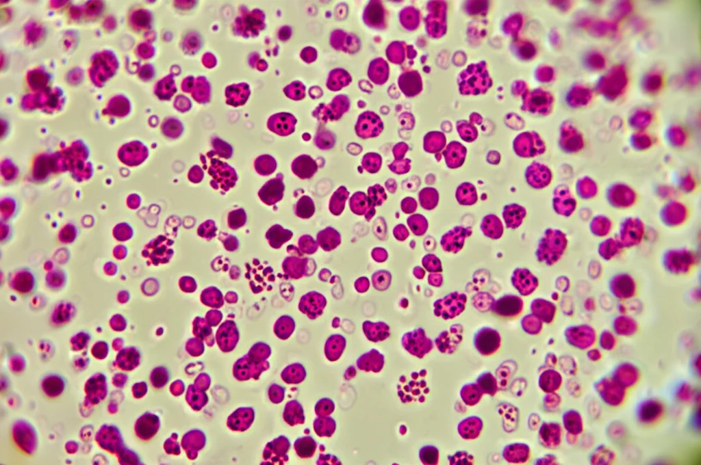 Immagine fotorealistica di cellule tumorali tiroidee che migrano attraverso una membrana porosa in un saggio Transwell, vista al microscopio. Obiettivo macro 60mm, messa a fuoco precisa, dettaglio elevato.