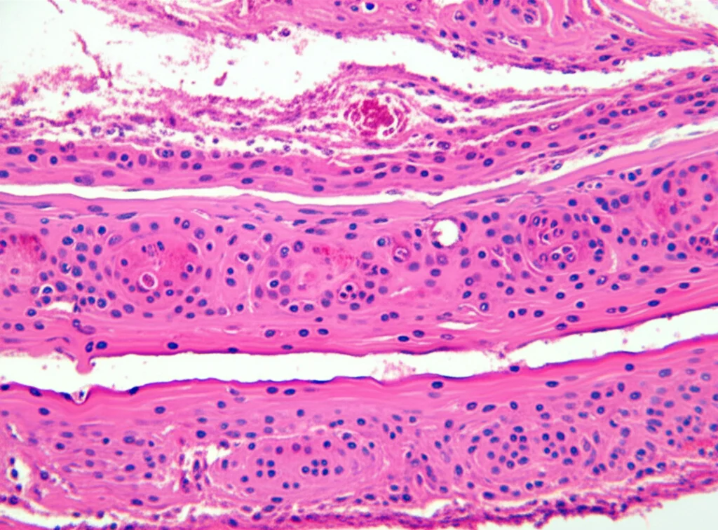 Immagine macro, obiettivo 85mm, che mostra una vista quasi microscopica di tessuto prostatico post-biopsia con cellule infiammatorie e lievi segni di emorragia, alta definizione, illuminazione controllata.
