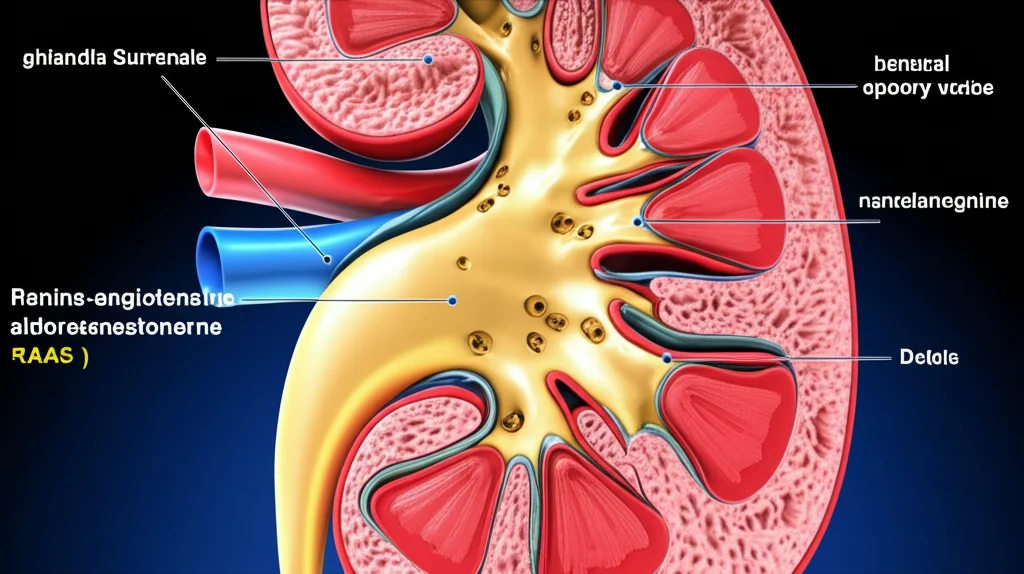 Illustrazione medica dettagliata del sistema renina-angiotensina-aldosterone (RAAS) all'interno del rene e della ghiandola surrenale. Macro lens, 90mm, high detail, precise focusing, illuminazione controllata per evidenziare i vasi sanguigni e le strutture ghiandolari.
