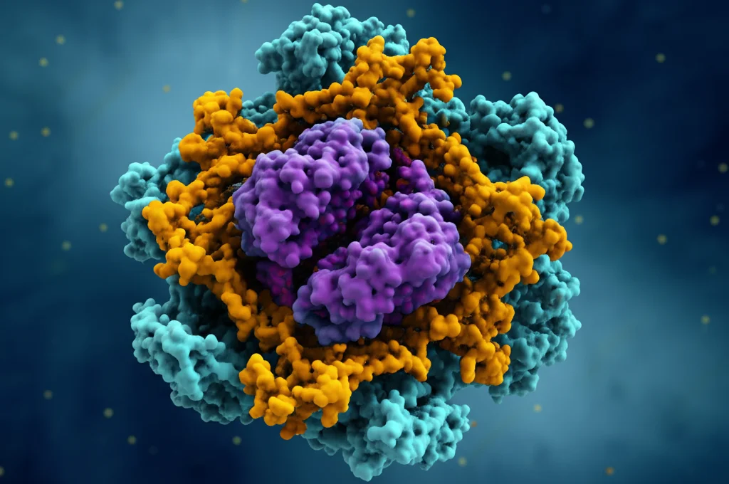 Visualizzazione fotorealistica della proteina p53 all'interno del nucleo cellulare, con focus sulla sua struttura tridimensionale. Obiettivo macro 85mm, illuminazione drammatica, alta definizione dei dettagli molecolari.
