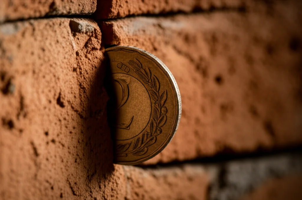 Fotografia macro di una moneta incastrata in una crepa di un muro di mattoni, a simboleggiare i vincoli finanziari che bloccano il flusso di capitale per una PMI. Obiettivo macro 90mm, alta definizione, illuminazione laterale controllata per accentuare le texture.