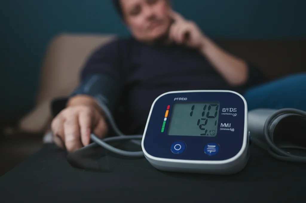 Primo piano di un misuratore di pressione digitale che mostra valori alti, con una persona dall'aspetto stanco e leggermente sovrappeso sfocata sullo sfondo. Prime lens, 50mm, depth of field, luce soffusa da interno, focus sul display del misuratore.