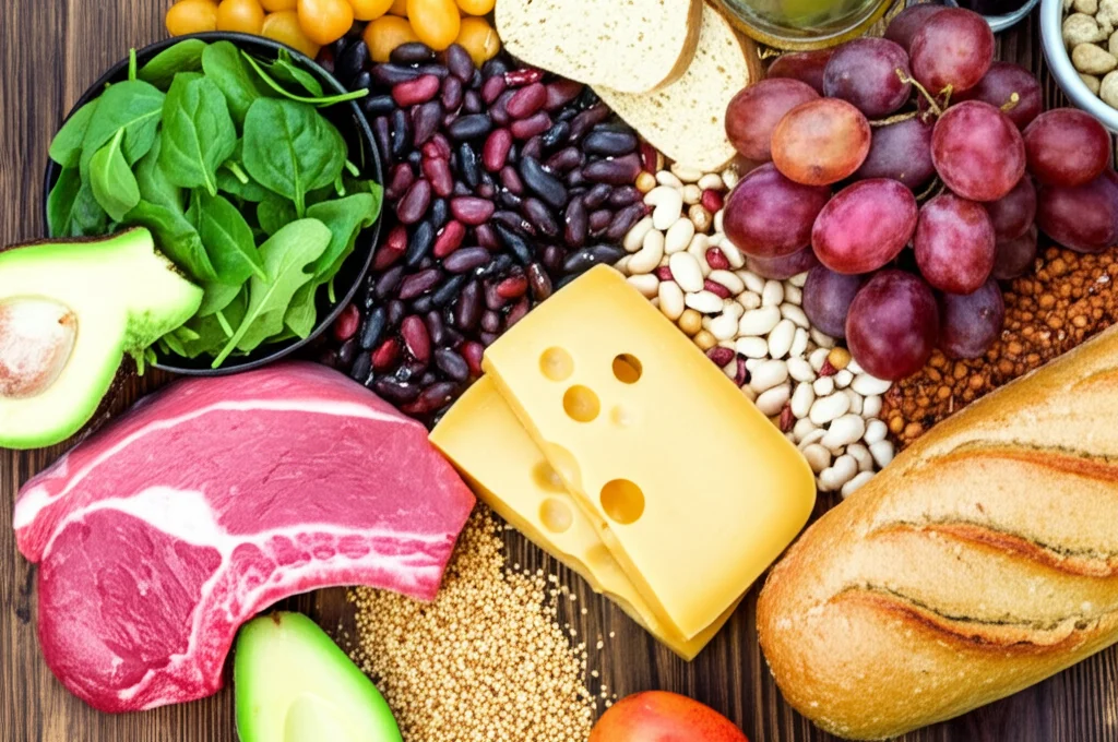 Una composizione still life di cibi che rappresentano una dieta ad alto carico acido (carne rossa, formaggio, pane raffinato) e una a basso carico acido (frutta colorata, verdure a foglia verde, legumi), divise visivamente. Macro lens, 80mm, high detail, precise focusing, controlled lighting.
