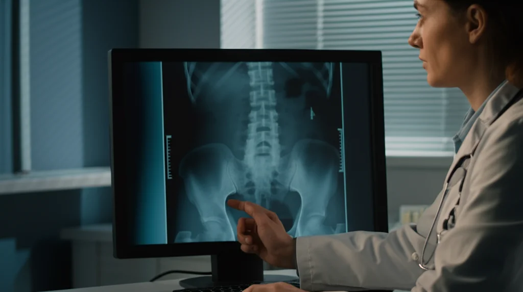 Immagine fotorealistica che mostra un medico che analizza una scansione DXA della colonna vertebrale e dell'anca su un monitor ad alta definizione in un ambiente clinico moderno. Utilizzare un obiettivo prime da 35mm, profondità di campo per mettere a fuoco lo schermo, toni duo blu e grigio.