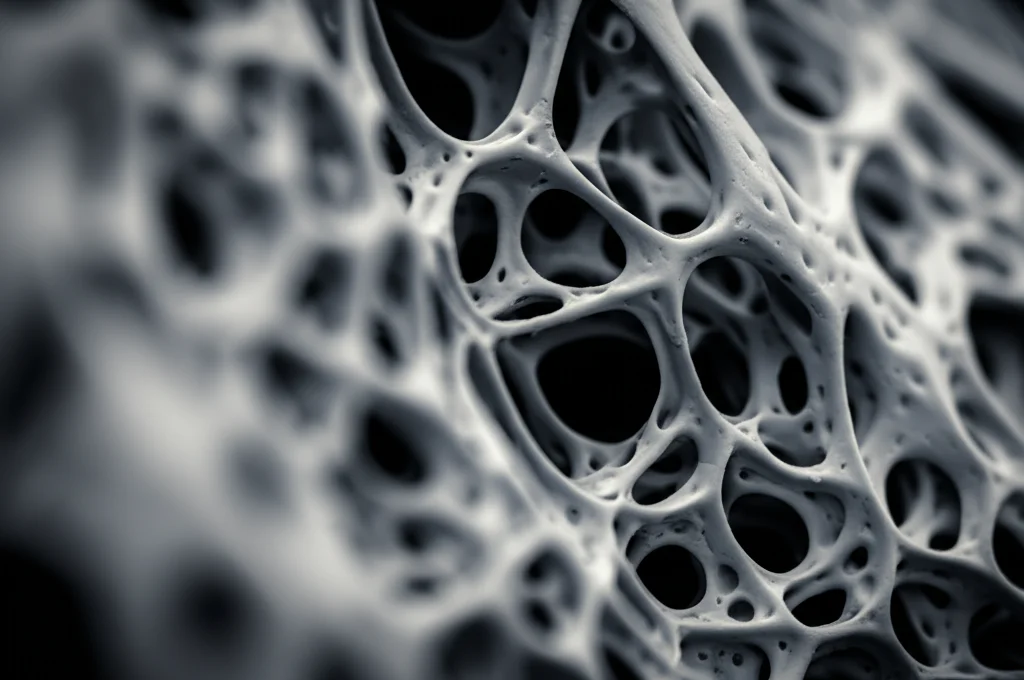 Immagine macro fotorealistica ad alta definizione di una sezione di osso trabecolare, che mostra la rete spugnosa interna. Utilizzare un obiettivo macro da 100mm, illuminazione controllata per evidenziare la struttura tridimensionale, messa a fuoco precisa.