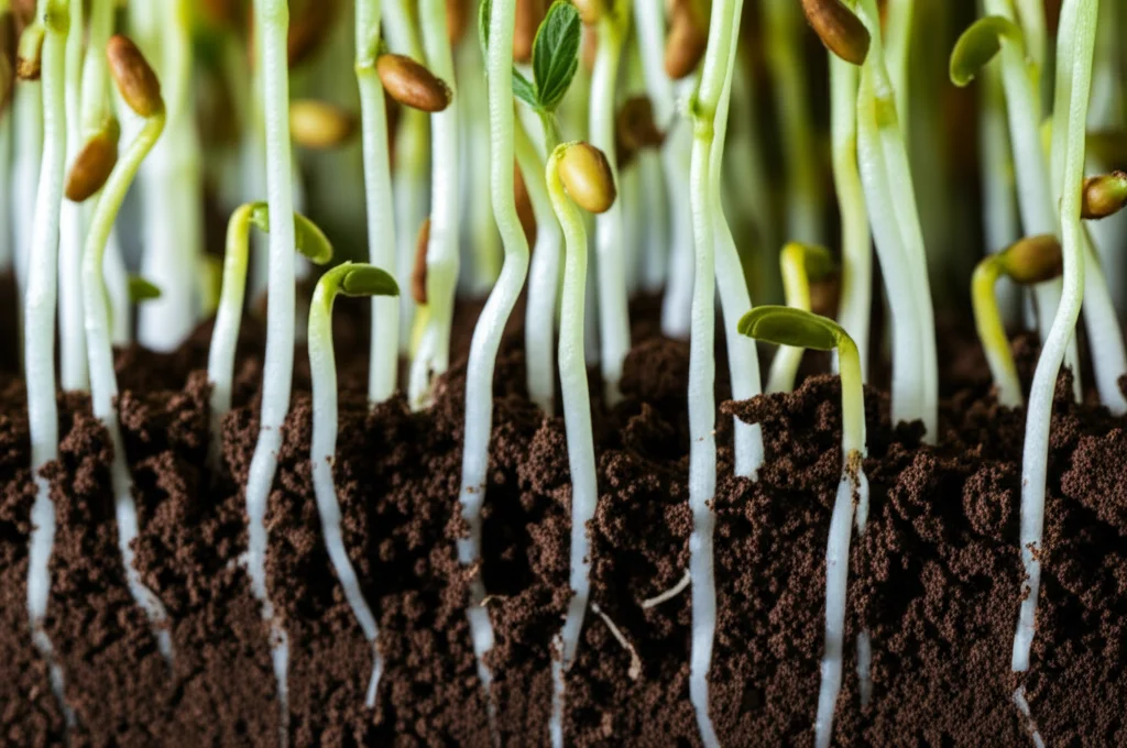 Macro fotografia di radici di soia che emergono dal terreno fertile, obiettivo macro 100mm, alta definizione, illuminazione laterale controllata per evidenziare la struttura del suolo e le sottili radichette nella rizosfera.