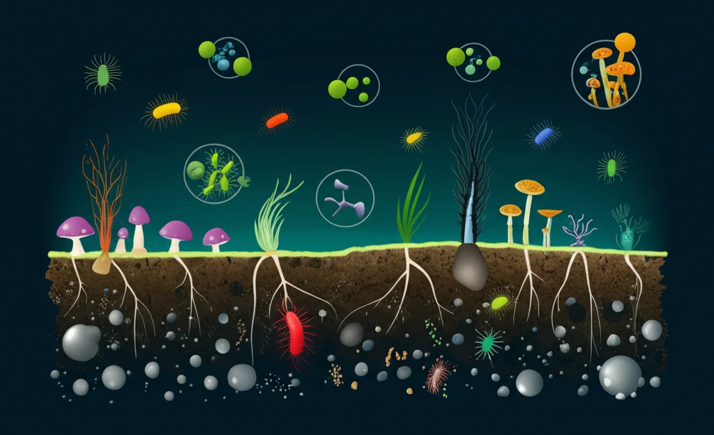 Visualizzazione grafica astratta dei cicli biogeochimici (CNPS) interconnessi, con icone stilizzate di batteri e funghi che interagiscono con elementi nutritivi nel suolo, colori vivaci su sfondo scuro.