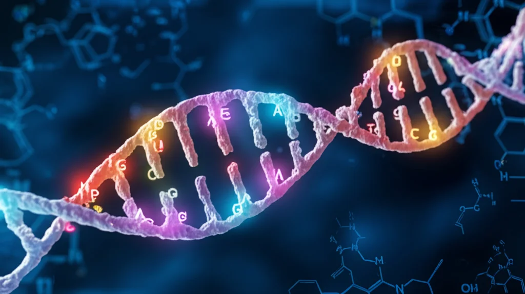 Macro fotografia di una doppia elica di DNA stilizzata con evidenziati specifici polimorfismi a singolo nucleotide (SNP) rappresentati da lettere luminose diverse sulla sequenza. Sfondo blu scuro digitale, obiettivo macro 90mm, alta definizione dei dettagli molecolari.