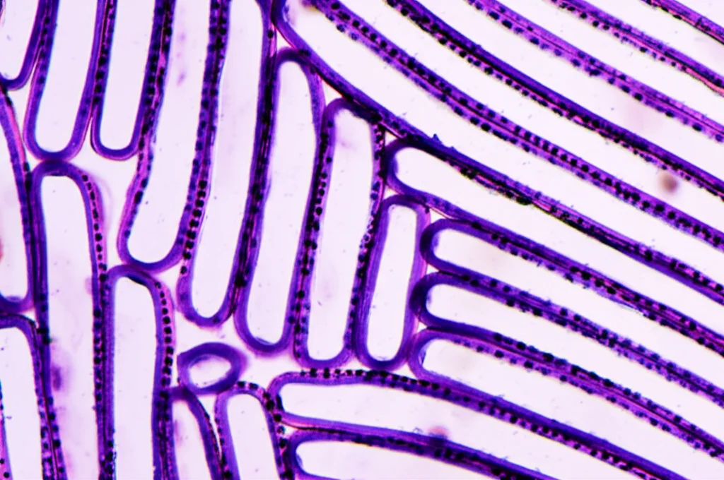 Macro fotografia di villi intestinali di pesce, sani e ben formati, illuminazione controllata, alta definizione, lente macro 90mm, che mostra la struttura dettagliata della mucosa.