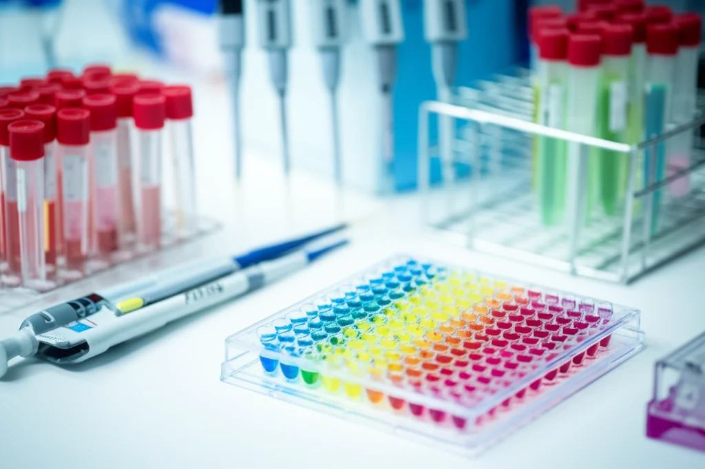 Fotografia still life in un laboratorio di ricerca, con una piastra ELISA multi-pozzetto in primo piano contenente campioni colorati. Pipette e provette sullo sfondo sfocato. Illuminazione da laboratorio controllata, obiettivo macro 60mm, focus preciso sui pozzetti.