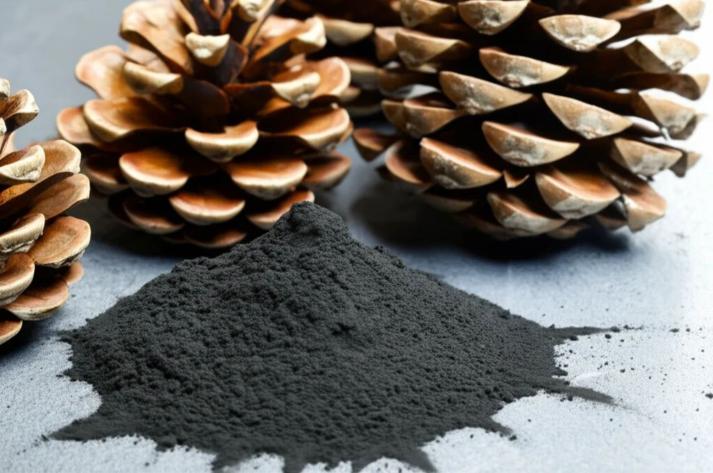 Immagine macro di pigne integre accanto a una polvere nera finissima (biochar) su un tavolo da laboratorio, illuminazione laterale controllata per evidenziare la texture, obiettivo macro 90mm, alta definizione dei dettagli, sfondo leggermente sfocato.