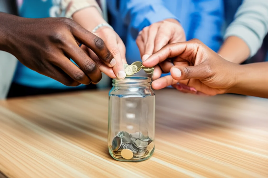 Diverse mani di etnie differenti che si uniscono per mettere monete in un barattolo di donazioni trasparente su un tavolo di legno, fotografia macro 100mm, illuminazione controllata e morbida, alta definizione, sfondo leggermente sfocato.