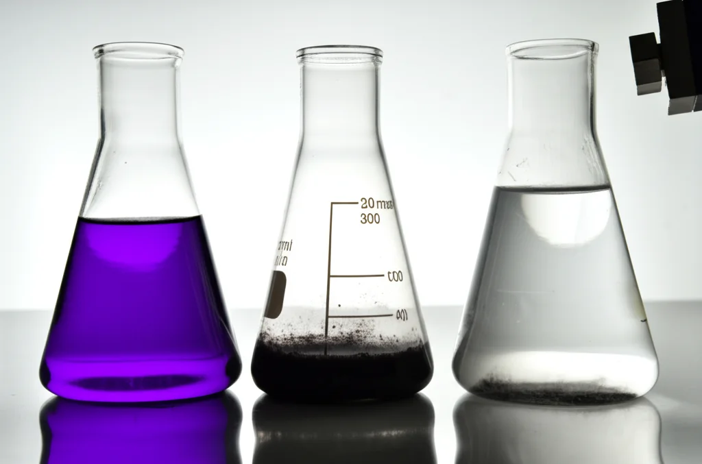 Fotografia still life in laboratorio: tre becher affiancati. Il primo contiene acqua viola scuro (soluzione di Viola Cristallo). Il secondo mostra la stessa soluzione con il nanocomposito nero aggiunto. Il terzo mostra l'acqua quasi trasparente dopo l'adsorbimento, con il nanocomposito raccolto sul fondo da una calamita esterna visibile. Obiettivo 50mm, illuminazione da studio, focus sul terzo becher.