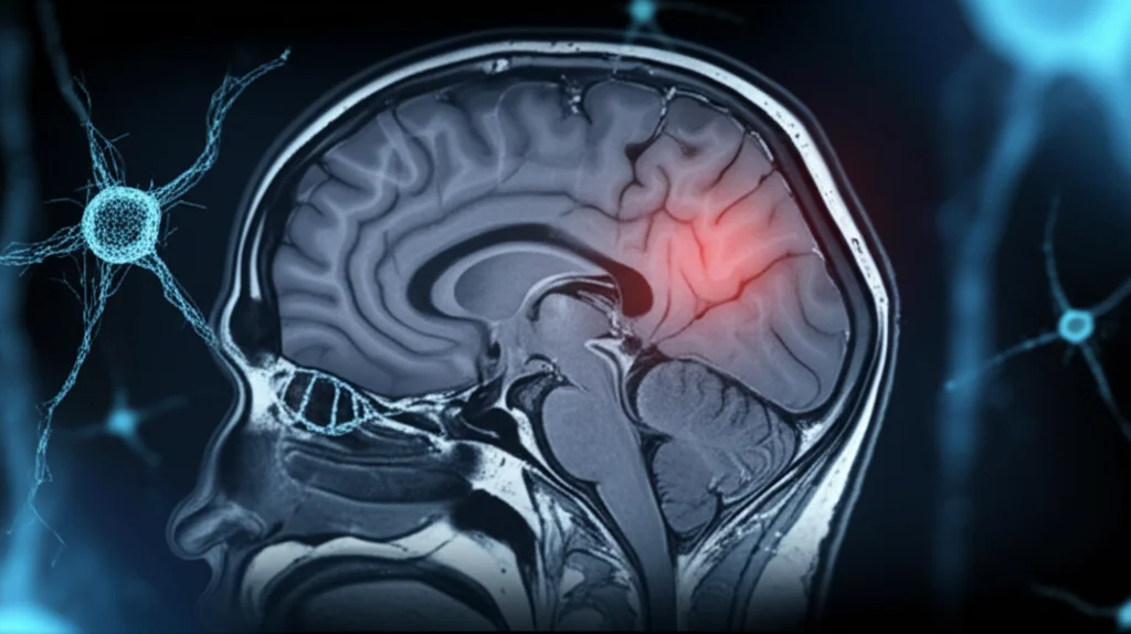 Immagine concettuale del cervello umano visualizzata tramite scansione MRI, con un'area luminosa che indica la zona colpita da ictus ischemico. Sovrapposta, una rete neurale stilizzata che si collega a una rappresentazione del gene HIF1A. Illuminazione drammatica, obiettivo prime 35mm, profondità di campo.