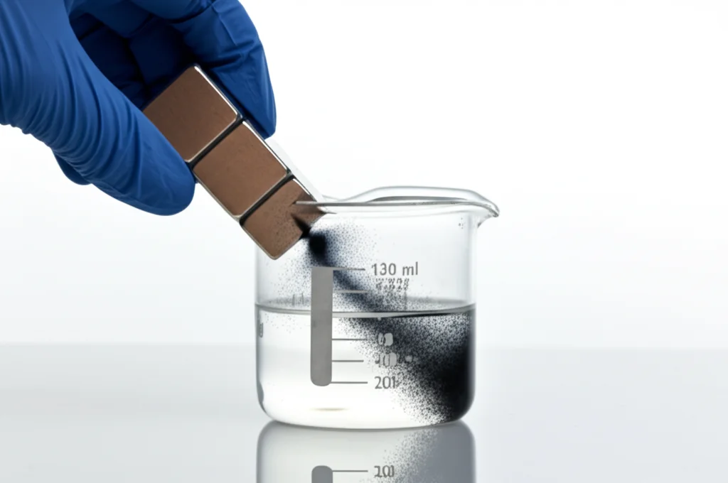 Fotografia d'azione in laboratorio: una mano con guanto tiene una calamita potente vicino a un becher contenente acqua e il nanocomposito nero. Le particelle nere sono visibilmente attratte verso la calamita, separandosi dall'acqua. Obiettivo tele zoom 100mm, fast shutter speed per congelare il movimento delle particelle, illuminazione che enfatizza l'attrazione magnetica.