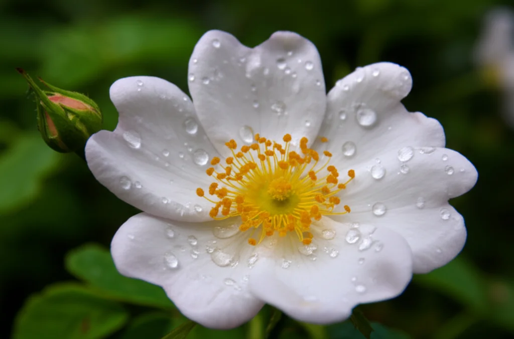Macro fotografia di un fiore bianco di Rosa laevigata con gocce di rugiada sui petali, obiettivo macro 90mm, alta definizione, illuminazione controllata e morbida, sfondo leggermente sfocato.