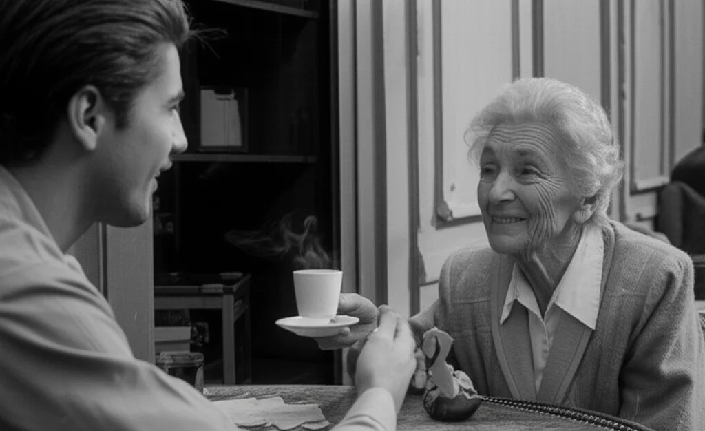 Ritratto di una donna anziana sorridente che porge una tazza di caffè fumante a un giovane uomo seduto al tavolo di un bar all'aperto, obiettivo prime 35mm, profondità di campo accentuata, bianco e nero cinematografico stile film noir.