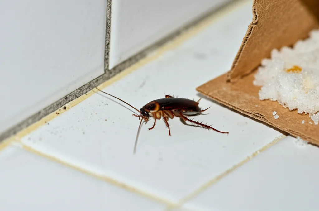 Primo piano di una blatta germanica (Blattella germanica) su una piastrella bianca di una cucina, vicino a una trappola fatta in casa con esca di zucchero e bicarbonato, obiettivo macro 60mm, messa a fuoco precisa, dettaglio elevato.