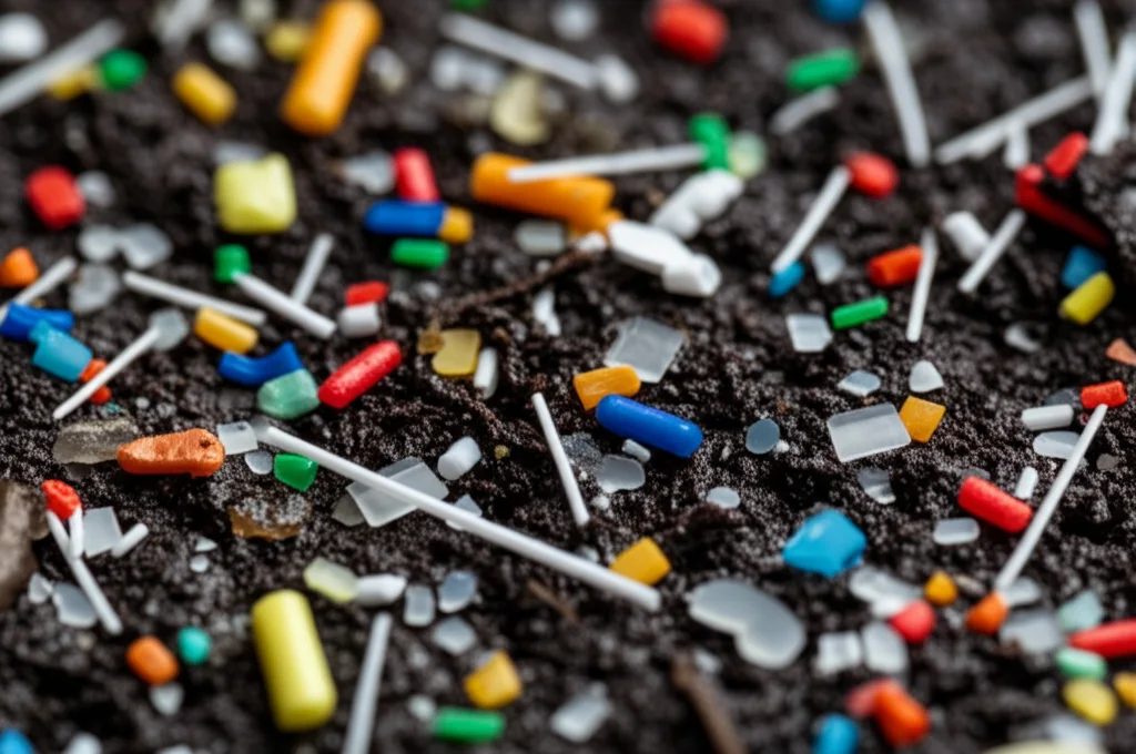 Primo piano macro di frammenti di microplastica colorati e di varie forme sparsi su un terreno scuro e umido. Lente macro 90mm, alta definizione, messa a fuoco precisa su alcuni frammenti, illuminazione controllata da studio per evidenziare le texture.