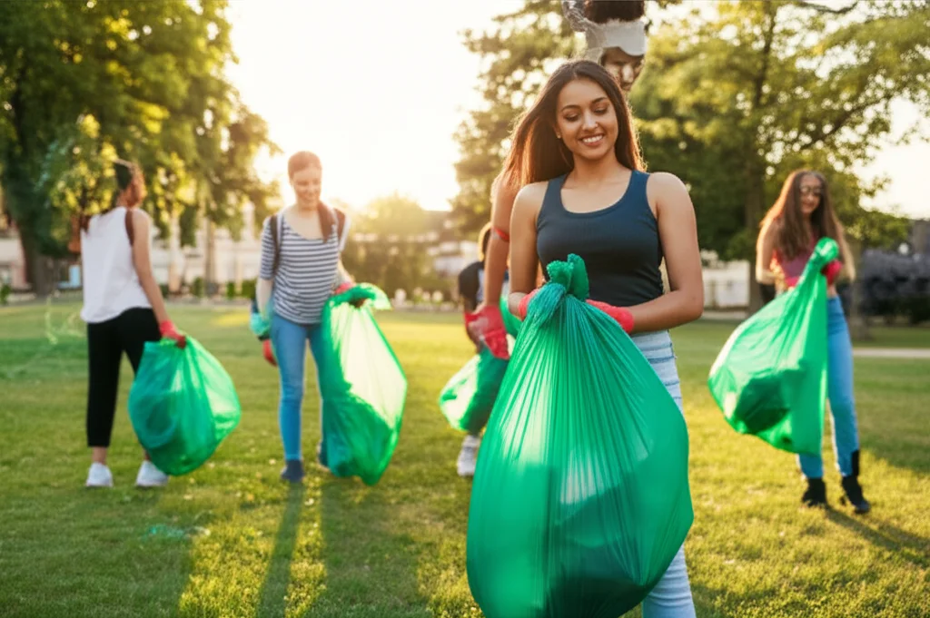 Studenti universitari di diverse etnie sorridenti che raccolgono rifiuti in un parco cittadino indossando guanti e usando sacchi, obiettivo grandangolare 24mm, luce naturale del tardo pomeriggio, colori vivaci e saturi, azione dinamica.