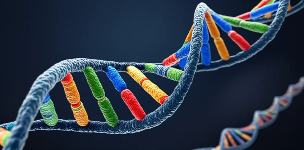 Visualizzazione astratta di dati genomici, con filamenti colorati simili al DNA che si intrecciano su uno sfondo scuro, rappresentando l'assemblaggio del genoma e l'analisi bioinformatica, alta definizione, dettagli precisi.