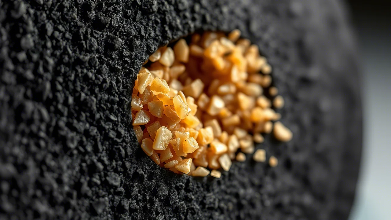 Immagine macro, lente 100mm, di un pezzo di gomma NBR nera texturizzata con all'interno particelle fini di pula di riso nano (nRH) ben disperse, illuminazione controllata da studio che evidenzia la texture composita, alta definizione.