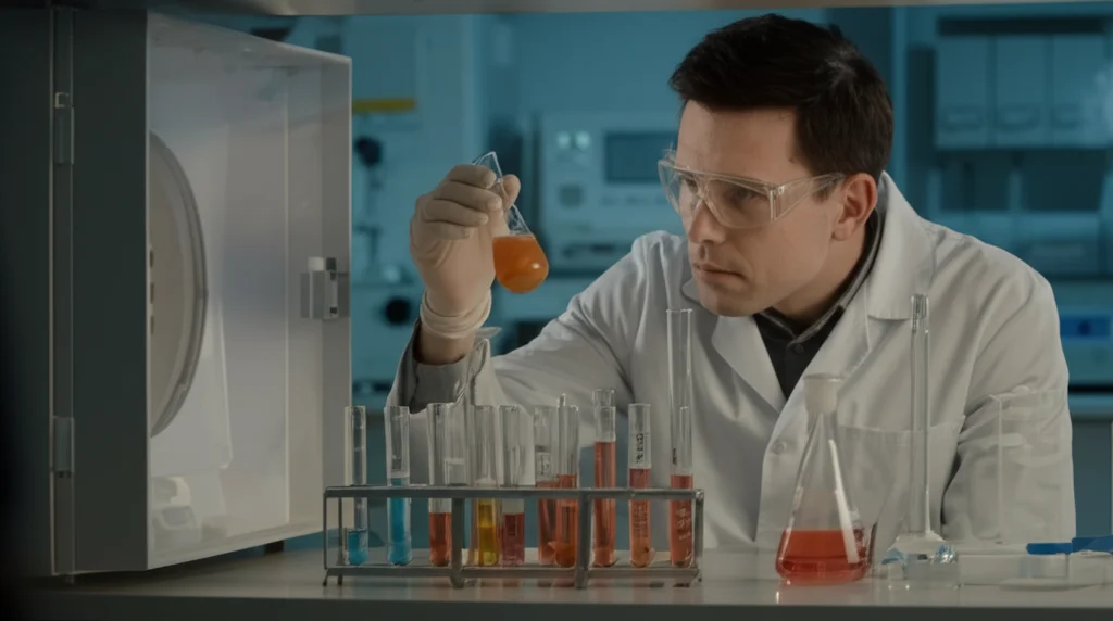 Scienziato in camice bianco che osserva attentamente una beuta contenente un liquido torbido in un incubatore da laboratorio. Sullo sfondo, altre attrezzature scientifiche. Luce da laboratorio controllata, profondità di campo media, obiettivo prime 50mm, focus sulla beuta.