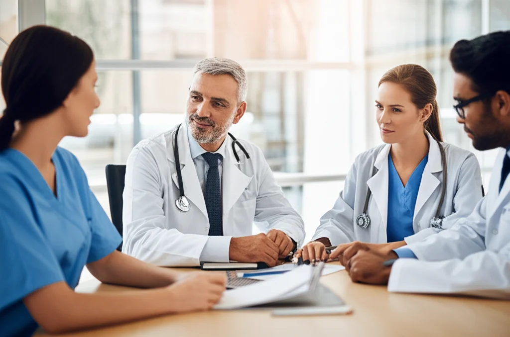 Fotografia di un team medico interdisciplinare (medico, infermiere, farmacista) che discute il caso di un paziente attorno a un tavolo in una sala riunioni luminosa, obiettivo 35mm, profondità di campo, atmosfera collaborativa e professionale.