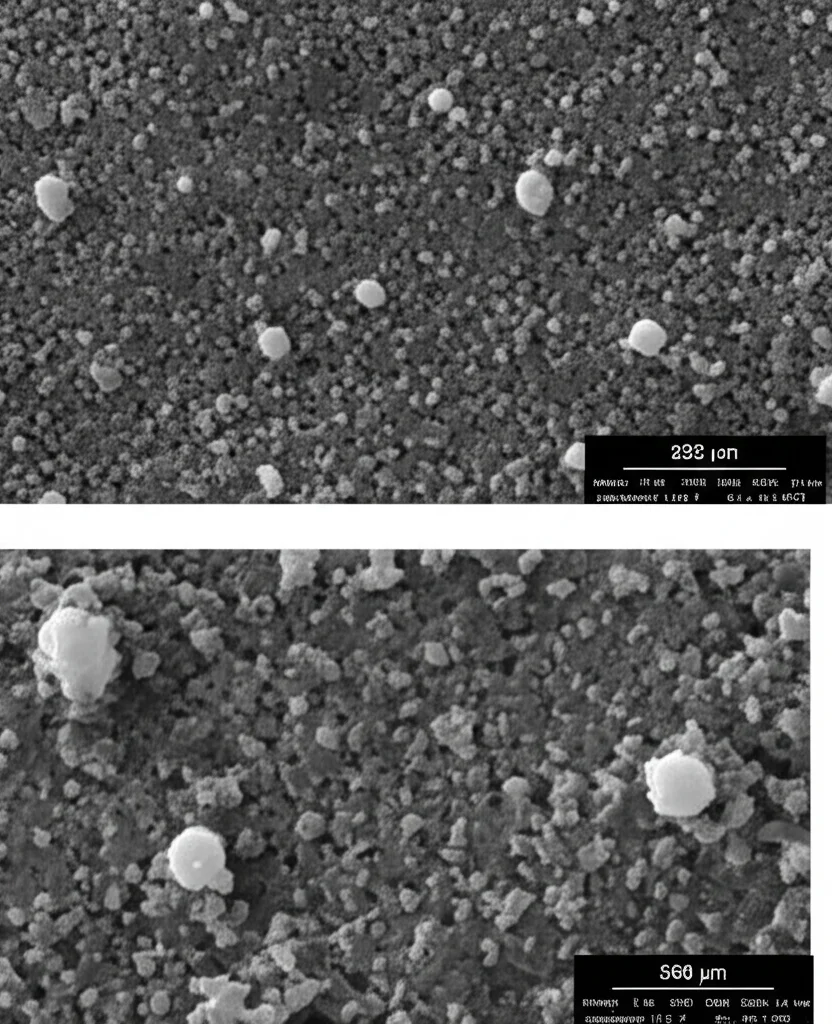 Immagine FESEM (microscopio elettronico a scansione) che mostra la superficie di frattura di un nanocomposito NBR/nRH con buona dispersione delle nanoparticelle di pula di riso (chiare) nella matrice di gomma (scura), alta magnificazione, dettagli morfologici visibili.