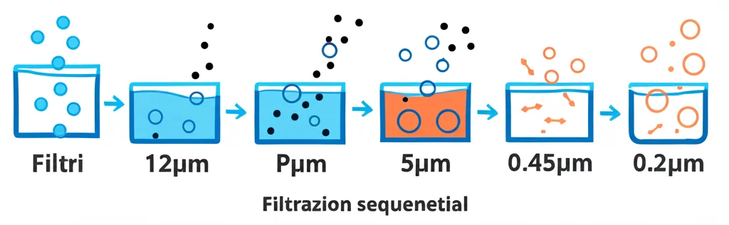 Schema grafico che illustra il processo di filtrazione sequenziale: un liquido contenente particelle di diverse dimensioni passa attraverso filtri con pori progressivamente più piccoli (12µm, 5µm, 0.45µm, 0.2µm), separando le particelle in base alla loro dimensione. Stile infografica pulita.