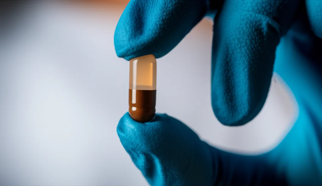 Fotografia macro di una singola capsula di buprenorfina tenuta tra due dita guantate di un professionista sanitario, obiettivo macro 90mm, alta definizione, illuminazione morbida da studio, sfondo sfocato.