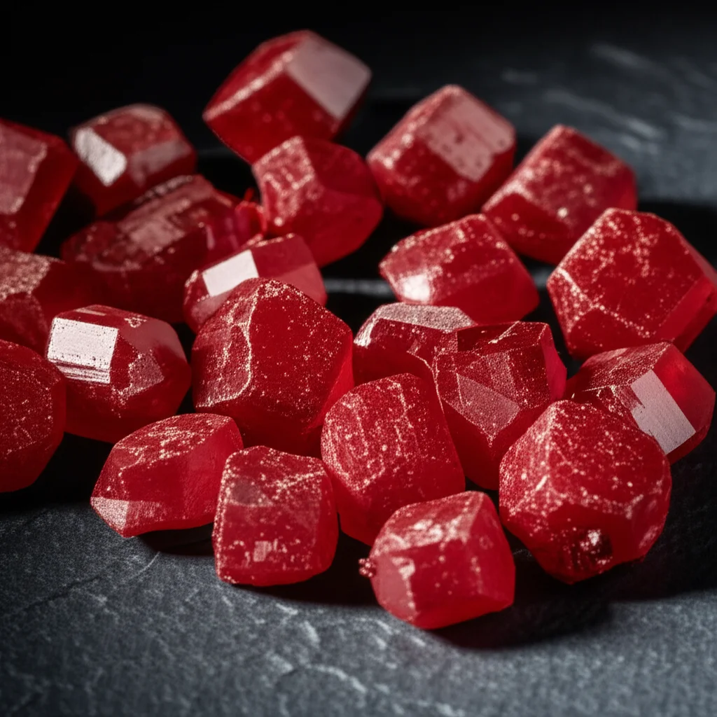 Fotografia still life di cristalli di acido urico rosso mattone su una superficie scura, illuminazione drammatica laterale per evidenziare la texture, obiettivo macro 60mm, alta definizione