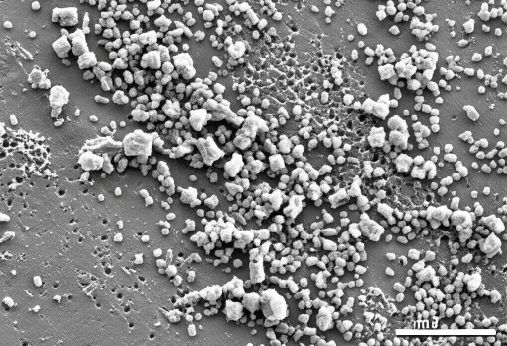 Immagine al microscopio elettronico a scansione (SEM) in bianco e nero che mostra particelle di microplastica con superfici irregolari e segni di erosione batterica. Alta magnificazione, dettagli superficiali molto evidenti.