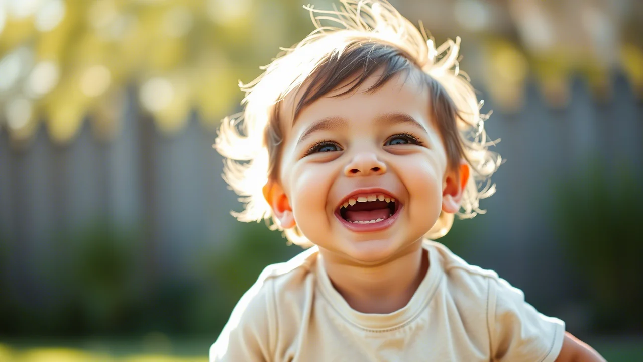 Ritratto di un bambino sorridente e in salute che gioca all'aperto, simboleggiando il recupero post-trattamento, luce naturale, obiettivo 35mm, colori vivaci, profondità di campo