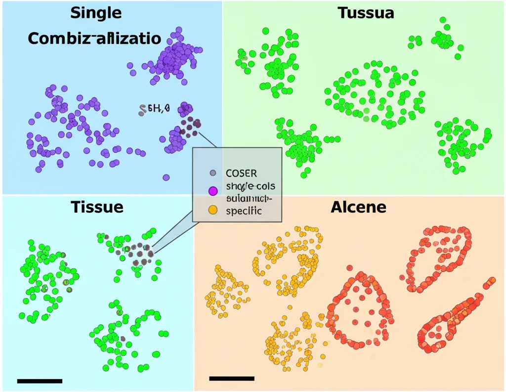 Visualizzazione astratta di dati single-cell RNA-seq con punti colorati che rappresentano cellule diverse. Alcuni punti sono raggruppati per tipo cellulare (colori simili), altri per tessuto (sfondi diversi). Al centro, una rappresentazione grafica stilizzata del framework COSER che seleziona sottoinsiemi specifici di dati, evidenziando combinazioni complete. Illuminazione controllata, stile infografica scientifica, alta definizione, obiettivo 35mm.