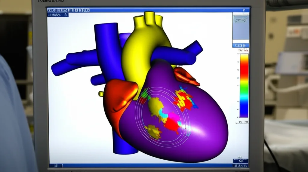 Immagine fotorealistica di un sistema di mappaggio elettroanatomico cardiaco 3D (tipo CARTO) che mostra l'atrio sinistro con aree colorate indicanti il voltaggio, evidenziando zone a basso voltaggio in rosso/viola. Obiettivo 50mm, illuminazione da sala operatoria, alta definizione, focus sulla mappa 3D.