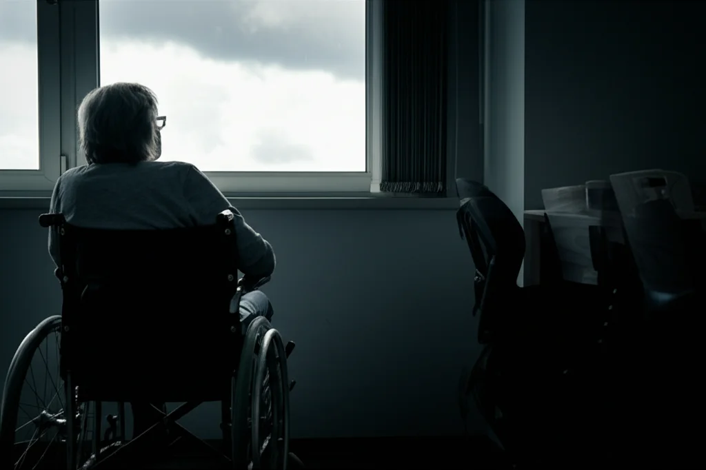 Una persona seduta su una sedia a rotelle guarda fuori da una finestra in una giornata nuvolosa, immagine evocativa della riflessione interiore e delle sfide fisiche. Prime lens 35mm, profondità di campo, toni bicromatici blu e grigio.