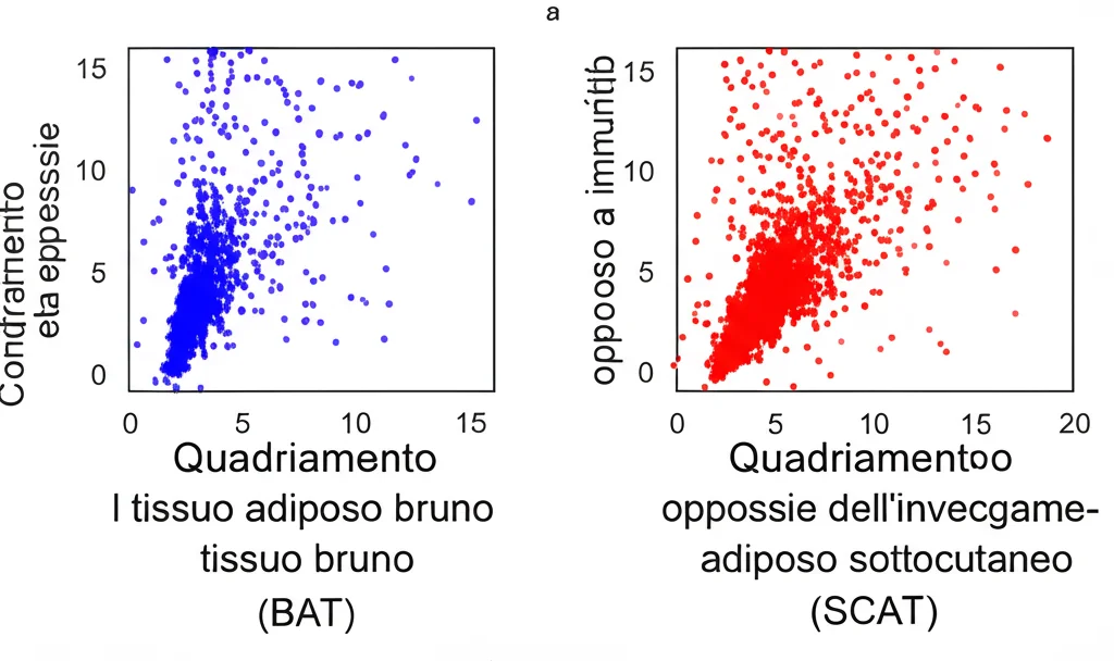 Confronto fianco a fianco di due grafici scatter plot stilizzati. Ogni punto rappresenta un gene. L'asse X mostra il cambiamento di espressione con l'età nel tessuto adiposo bruno (BAT), l'asse Y nel tessuto adiposo sottocutaneo (SCAT). I punti nel quadrante in alto a sinistra (blu) e in basso a destra (rosso) rappresentano geni con effetti opposti dell'invecchiamento nei due tessuti, molti dei quali legati all'immunità. Stile infografica scientifica, chiara e pulita.