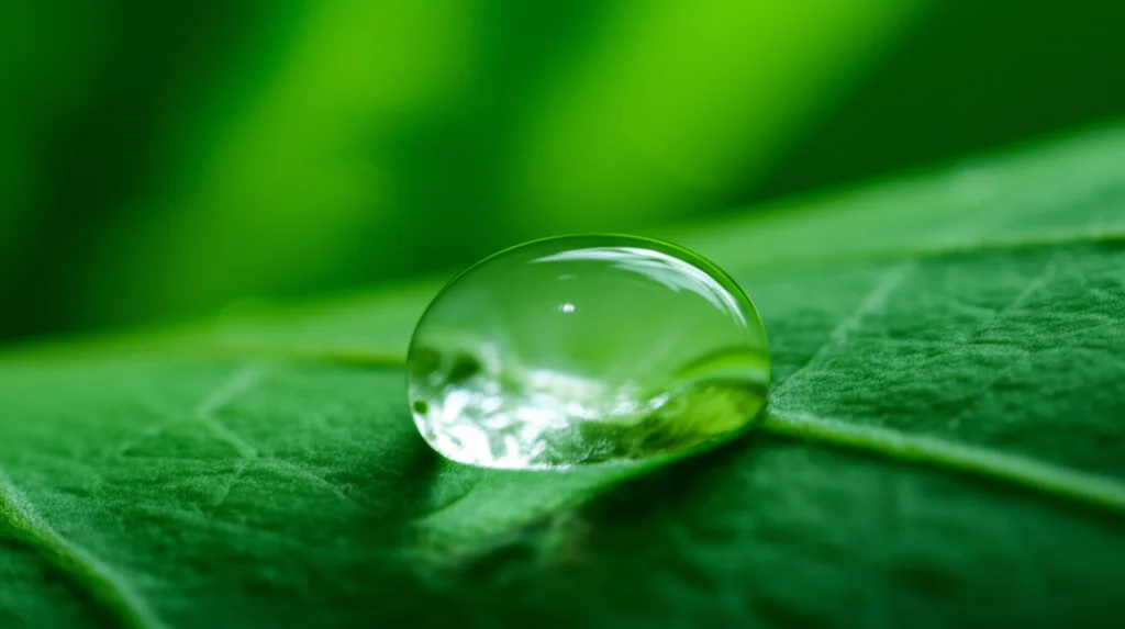 Primo piano macro di una goccia d'acqua che cade su una foglia verde calma, simbolo di consapevolezza del momento presente e mindfulness. Macro lens 90mm, alta definizione, illuminazione controllata.