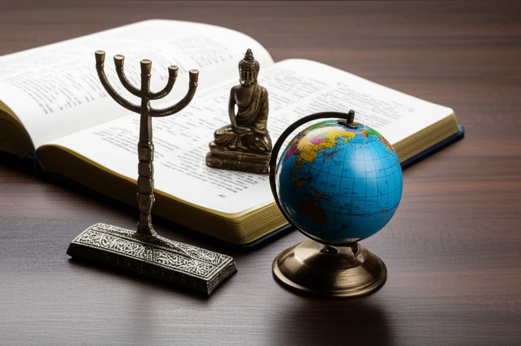 Fotografia di still life con diversi oggetti simbolici su un tavolo di legno scuro: una Bibbia aperta, un Corano, una statuetta di Buddha, un Menorah e un piccolo globo terrestre. Illuminazione controllata laterale che crea ombre morbide, obiettivo macro 85mm, alta definizione sui dettagli degli oggetti, focus selettivo sul globo.